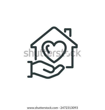 Thin Outline Icon Hand is Holding a House With a Heart Inside. Such Line Sign as Care Home or Shelter, Estate property. Vector Isolated Pictogram on White Background Editable Stroke.