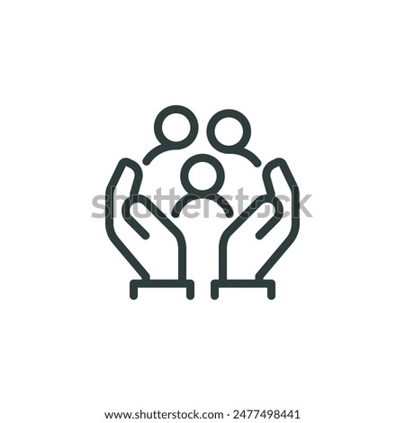 Thin Outline Icon Two Hands Holding or Hugging Group People Symbol or Family Line Sign Group Life Insurance, Caring Hands Family Medicine Vector Isolated Pictogram on White Background Editable Stroke.