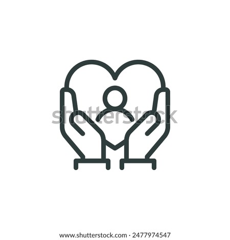 Thin Outline Icon Hands Hugging Heart Symbol in Which Sign Person. Line Charity, Message Love and Patient Care, Caring Hands. Vector Isolated Pictogram on White Background.