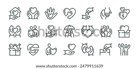 Premium Icons Pack on Charity and Donations. Such Line Signs as Volunteering and Compassion, Philanthropy Contribution and Sponsorship. Vector Icons Set for Web and App Outline Editable Stroke.