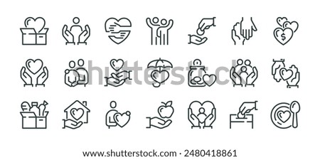 Premium Icons Pack on Charity and Donations. Such Line Signs as Volunteering and Compassion, Philanthropy Contribution and Sponsorship. Vector Icons Set for Web and App Outline Editable Stroke.