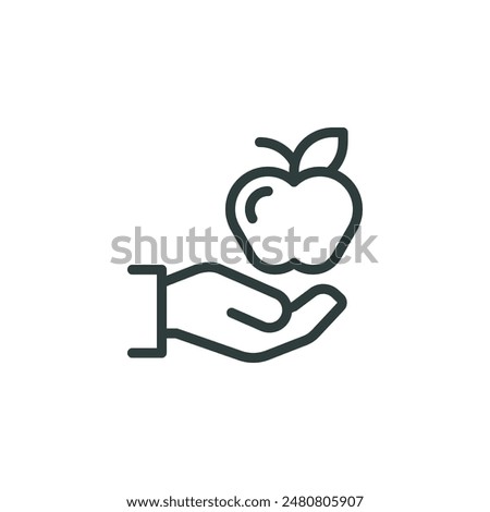 Thin outline icon human hand gives an apple. Such line sign as volunteer food, charity grocery, humanitarian assistance. Vector isolated pictogram on white background editable stroke.