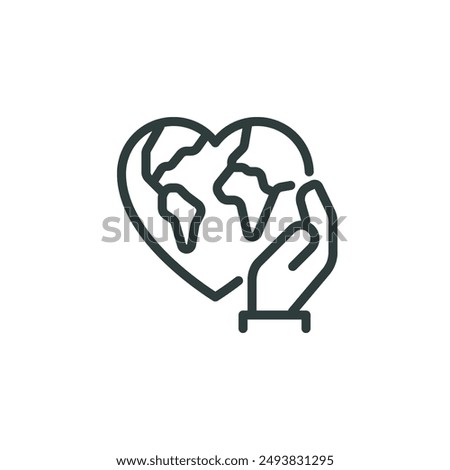 Thin outline icon hand hugs planet earth in heart symbol. line sign world environment day, community global support caring for the world. Vector isolated pictogram on white background editable stroke.