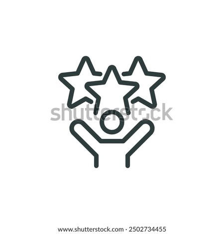 Outline icon talent acquisition, employee award, customer satisfaction, success. Line sign three stars above man with his hands raised. Vector isolated pictograms on white background editable stroke.