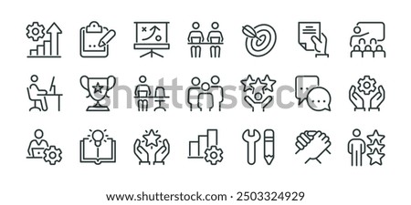 Premium icons pack on business education, learn team, practice. Such line signs as team building coaching meeting, managing and motivation. Vector icons set for web and app in outline editable stroke.