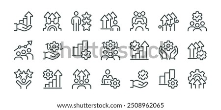 Increase productivity, manufacturing analyse, capacity process, efficient grow premium icons pack. line signs arrow up, gears and people. Vector icons set for web and app in outline editable stroke.