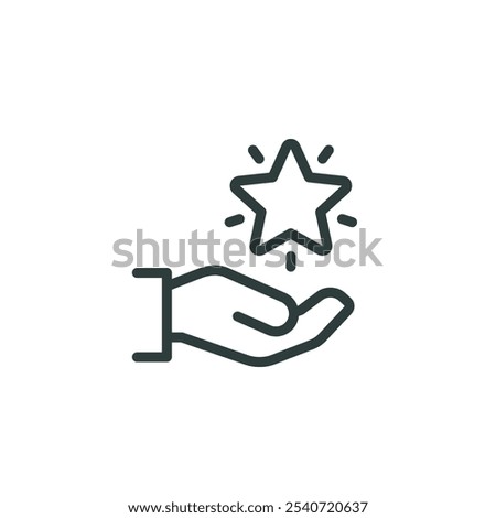 Grade quality, get reward, excellent result outline icon. Line sign human hand holding-hugging shining star symbol. Vector isolated pictograms for web on white background editable stroke.