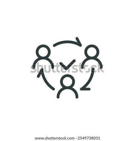 Mutual collaboration, exchange of experience, mutual assistance outline icon. Line sign three human symbols connected by arrows. Vector isolated pictogram for web on white background editable stroke.