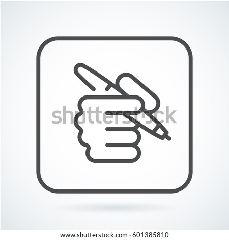 Black flat simple icon style line art. Outline symbol with stylized image of a hand of a human with a pen, as a contract or signing in a square with rounded corners. Stroke vector logo mono linear.