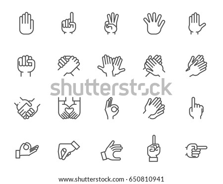 Big line icon set of human hands with different signs. 20 mono linear web graphic pictograms. Outline symbols of gesture arms. Business, friendship, love, language, pointer concept. Vector