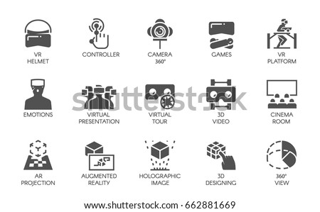 Big set of 15 icons in flat style of augmented reality digital AR technology. Futuristic technology concept. Vector labels isolated on a white background. Black VR symbols