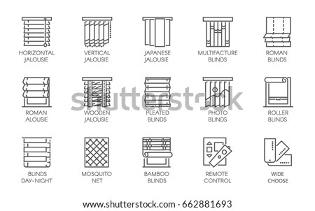 15 line icons of various designs of curtains, blinds, jalousie, mosquito nets and remote control. Big vector set of contour labels isolated on a white background