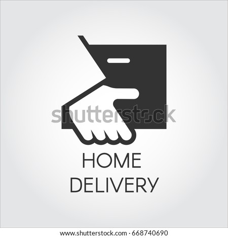 Black icon of hand holding parcel in flat style. Home delivery, fast and convenient service concept logo for websites, mobile apps and other design needs. Vector illustation