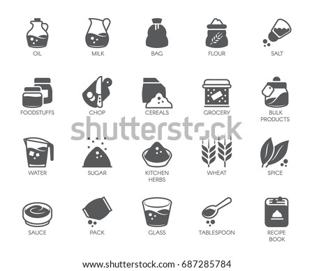 Set of 20 flat icons on cookery theme. Ingredients for cooking and kitchen accessories. Logo for various recipes, cookbooks, culinary sites, stores and other projects. Vector illustration