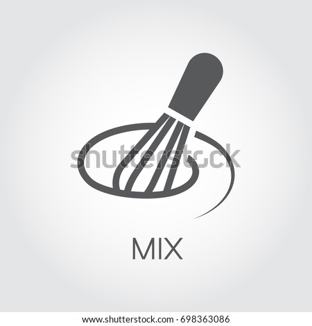 Black flat icon of whisk kitchen utensil. Egg beater graphic emblem on a gray background. Culinary symbol. Vector illustration