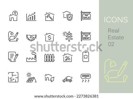 Real estate outline icons. Set of 20 real estate outline icons, vector illustrations. 
Contains such as: solar panel, moving, rent, sale, factory and more.
