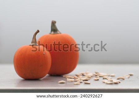 Two mini pumpkins and pumpkin seeds, selective focus.