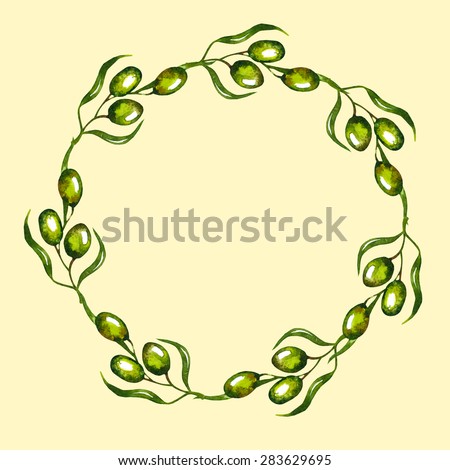 Watercolor olive wreath. You can use it like design template for you beauty product. It can be used for card, menu, recipe.