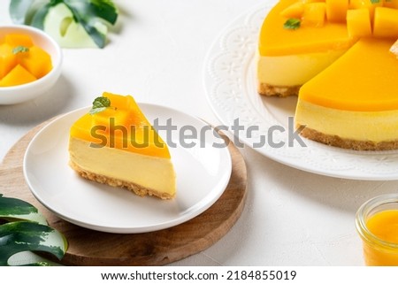 Similar – Image, Stock Photo Cheesecake slice with white chocolate topping. One slice of cheesecake close-up