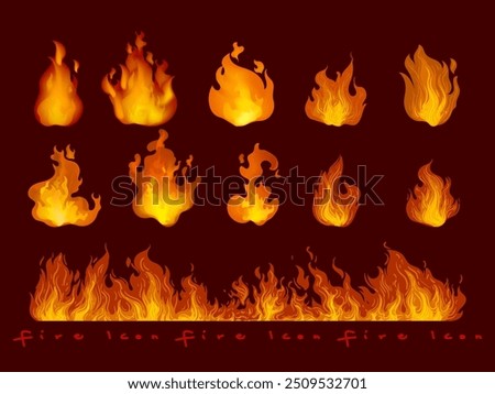 Fire borders,fire flames, blaze icon, symbol, sign on dark background vector illustration. Hot light effect elements design.