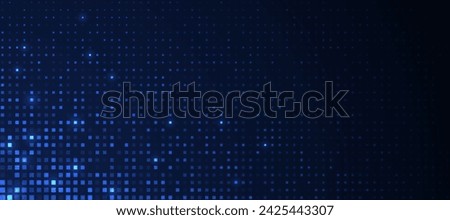 Abstract futuristic technology square pattern with glowing lights, square elements on dark blue background.