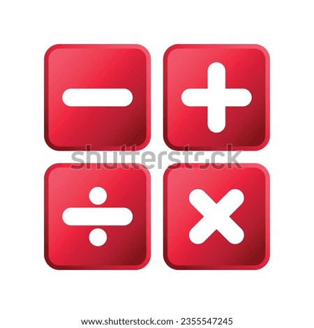 plus, minus, multiplication and division red square button signs