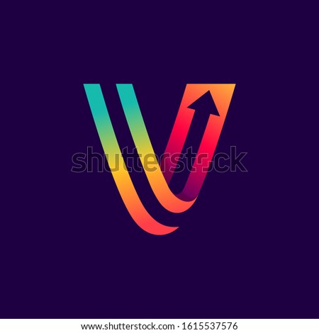Letter V logo with arrow inside. Vector bright colours typeface for delivery labels, business headlines, finance posters, sport cards etc.