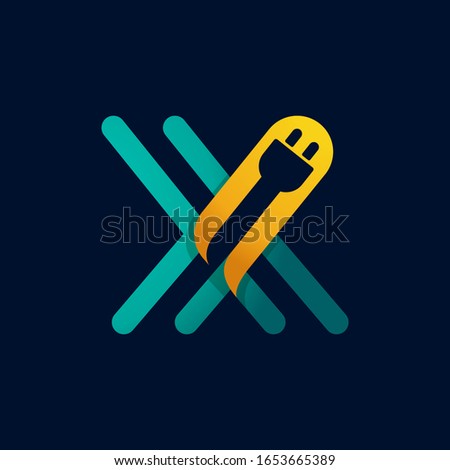 X letter logo with plug cable inside. Vector typeface for electric car identity, technology headlines, charging posters etc.