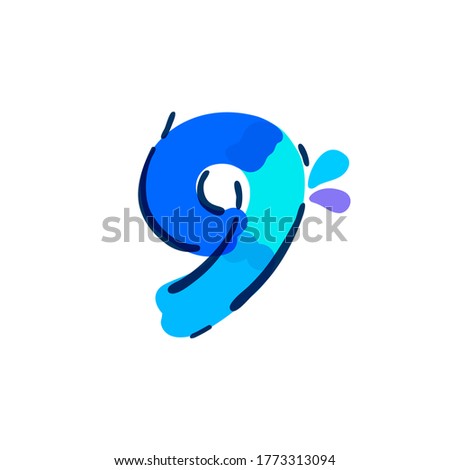 Number nine logo with water drops and waves. Handwritten with a felt-tip pen. Vector bold marker font can be used for washing labels, healthcare headlines, pure posters, ecology cards etc.