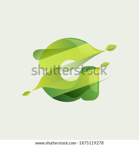 G letter eco logo with green diagonal stripes, leaves and waves. Vector font perfect to use in agriculture labels, herbal cards, nature posters, vegan identity, etc. Photo stock © 