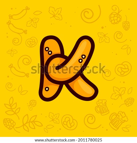 Letter K logo made of pretzel. Hand-drawn with Oktoberfest pattern on background. Perfect to use in any German restaurant advertising, party posters, appetizer identity, etc. Stock fotó © 