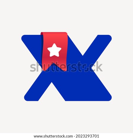 Cute and bold X letter logo with a red bookmark ribbon and white star. Vector typeface is perfect for your Favorite project, School infographic, Reading App identity, Books store, or company.