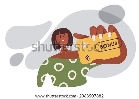 Person using a bonus credit card for contactless payment. Young woman holding wi-fi card to pay online. Modern flat vector illustration.