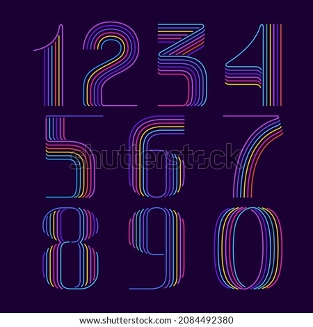 Neon light numbers set. Six thin lines colored font. Perfect for line logo, events posters, vivid emblem, nightlife banner and futuristic identity. 