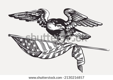 Vector eagle emblem with the flag in the paws. Illustration of US history and 4th of July celebration in engraving style. Perfect for independence day cards, invitations, banners.