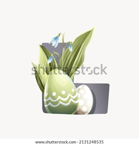 L letter logo with Easter eggs in classic design, lily of the valley leaves, and snowdrop flowers. Perfect for your greeting cards, and posters design. Stock fotó © 