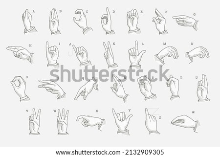 Full letters set in a deaf-mute hand gesture alphabet. Hand-drawn engraving style vector American sign language illustration.