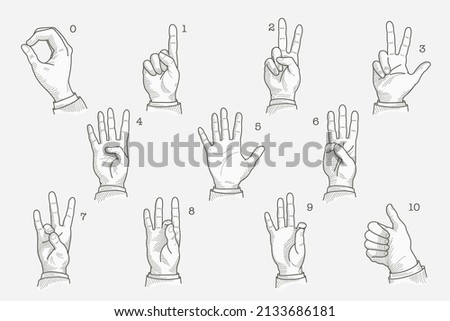 Numbers set in a deaf-mute hand gesture alphabet. Hand-drawn engraving style vector American sign language illustration.