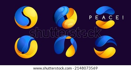 Sphere logo in Ukrainians flag colors with Peace lettering. Colorful vector emblems in volume style. Stop war icons set on a black background.