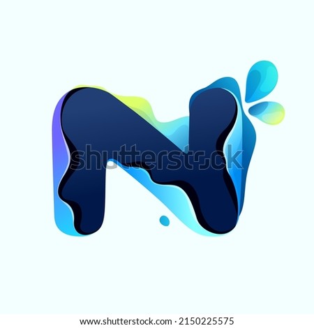 N letter eco logo with blue dew drops in hologram glitch style. Environment friendly icon with color shift and illusion effect. Vector idea for waste recycling identity or organic merchandise. Foto stock © 