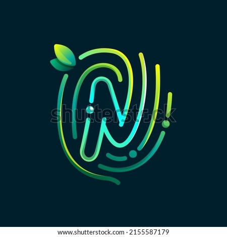 N letter eco logo made of fingerprint. Gradients icon with green leaves and dew drops. Perfect for online payment art, biometric design, agriculture advertising, pure food packaging, modern identity. Foto stock © 