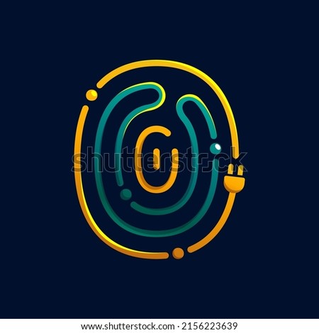 Number zero logo made of fingerprint with plug. Colorful cable icon with vivid gradients and lines. Perfect for energy design, accessories advertising, gadget packaging, electric identity.