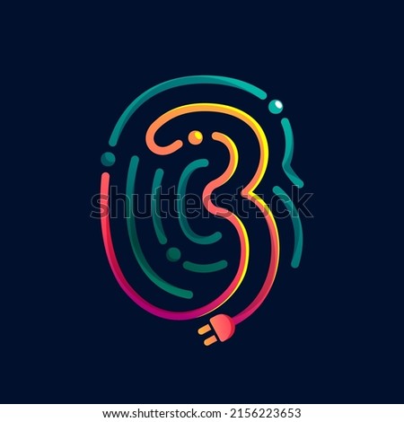 Number three logo made of fingerprint with plug. Colorful cable icon with vivid gradients and lines. Perfect for energy design, accessories advertising, gadget packaging, electric identity.