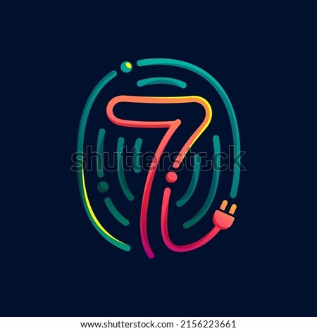 Number seven logo made of fingerprint with plug. Colorful cable icon with vivid gradients and lines. Perfect for energy design, accessories advertising, gadget packaging, electric identity.
