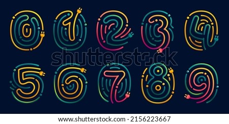 Numbers set made of fingerprint with plug. Colorful cable icons with vivid gradients and lines. Perfect for energy design, accessories advertising, gadget packaging, electric identity.