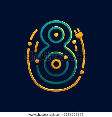 Number eight logo made of fingerprint with plug. Colorful cable icon with vivid gradients and lines. Perfect for energy design, accessories advertising, gadget packaging, electric identity.