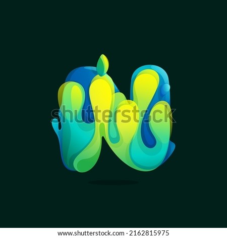 N letter eco logo made of green and blue splashes, pure water waves and dew drops with fresh leaves. Perfect for agriculture art, waste recycling design, bio advertising, healthy food packaging. Foto stock © 