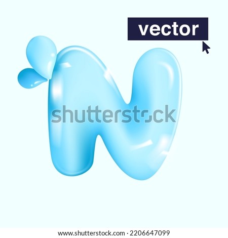 N letter pure water logo in realistic 3D and cartoon balloon style. Glossy eco blue vector illustration. Perfect for watercolor splash banners, organic emblems, healthy food packaging design. Foto stock © 