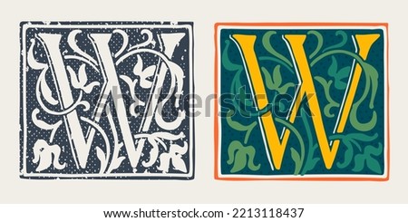 W letter logo in medieval gothic style. Set of dim colored and monochrome grunge style emblems. Engraved initial drop cap. Perfect for vintage premium identity, Middle Ages posters, luxury packaging.