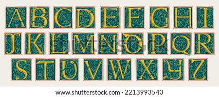 Alphabet in medieval gothic style. Set of dim colored emblems. Engraved initial drop caps. Perfect for vintage premium identity, Middle Ages posters, luxury packaging.